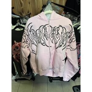 Light Pink Zip-Up Hoodie with Black Graphic Design